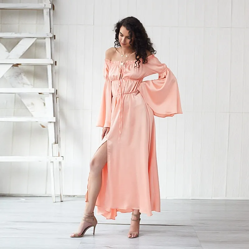 KittenAlarm - Ladies Fashion Strapless Ruffle elastic long Sleeve waist elastic front slit Dress party dress