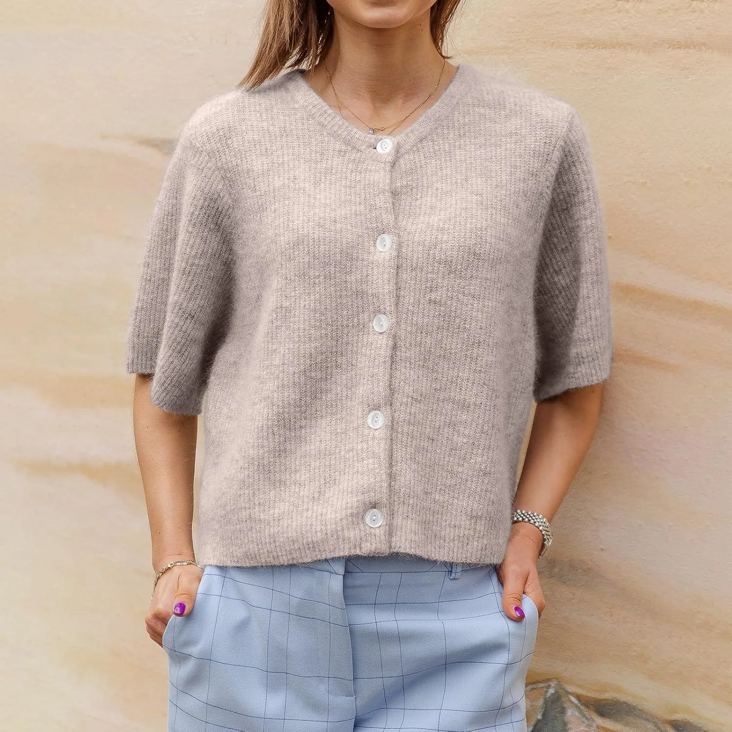 KMBANGI Women Knitted Cropped Blouse Short Sleeve Button Knit Shirt Crop Cardigan Y2k Open Front Knitwear Tops Dressy
