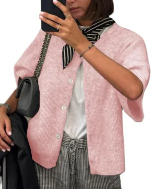 KMBANGI Women Knitted Cropped Blouse Short Sleeve Button Knit Shirt Crop Cardigan Y2k Open Front Knitwear Tops Dressy