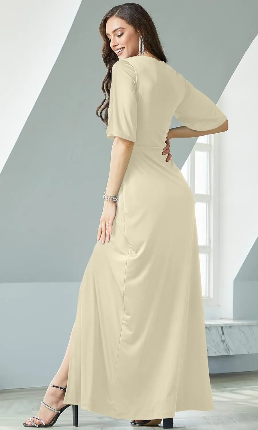 KOH KOH Womens Long Short Sleeve V-Neck Sexy Slimming Casual Summer Maxi Dress