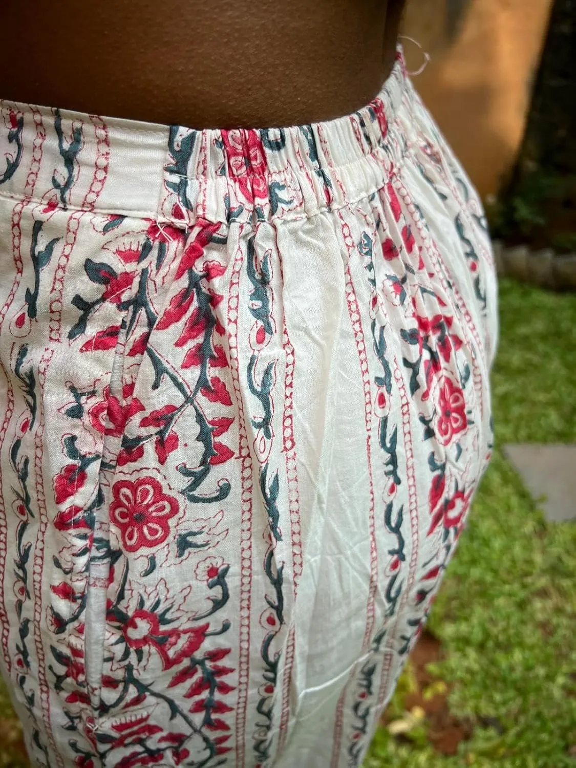 La Tierra Handblock Printed Afghani Harem Pants, Floral Design, Cream and Red