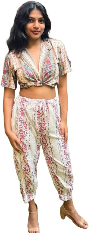 La Tierra Handblock Printed Afghani Harem Pants, Floral Design, Cream and Red