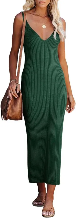 Lacozy Women's 2025 Summer Bodycon Midi Dress Sexy V-Neck Sleeveless Sweater Dress Casual Tank Top Dresses