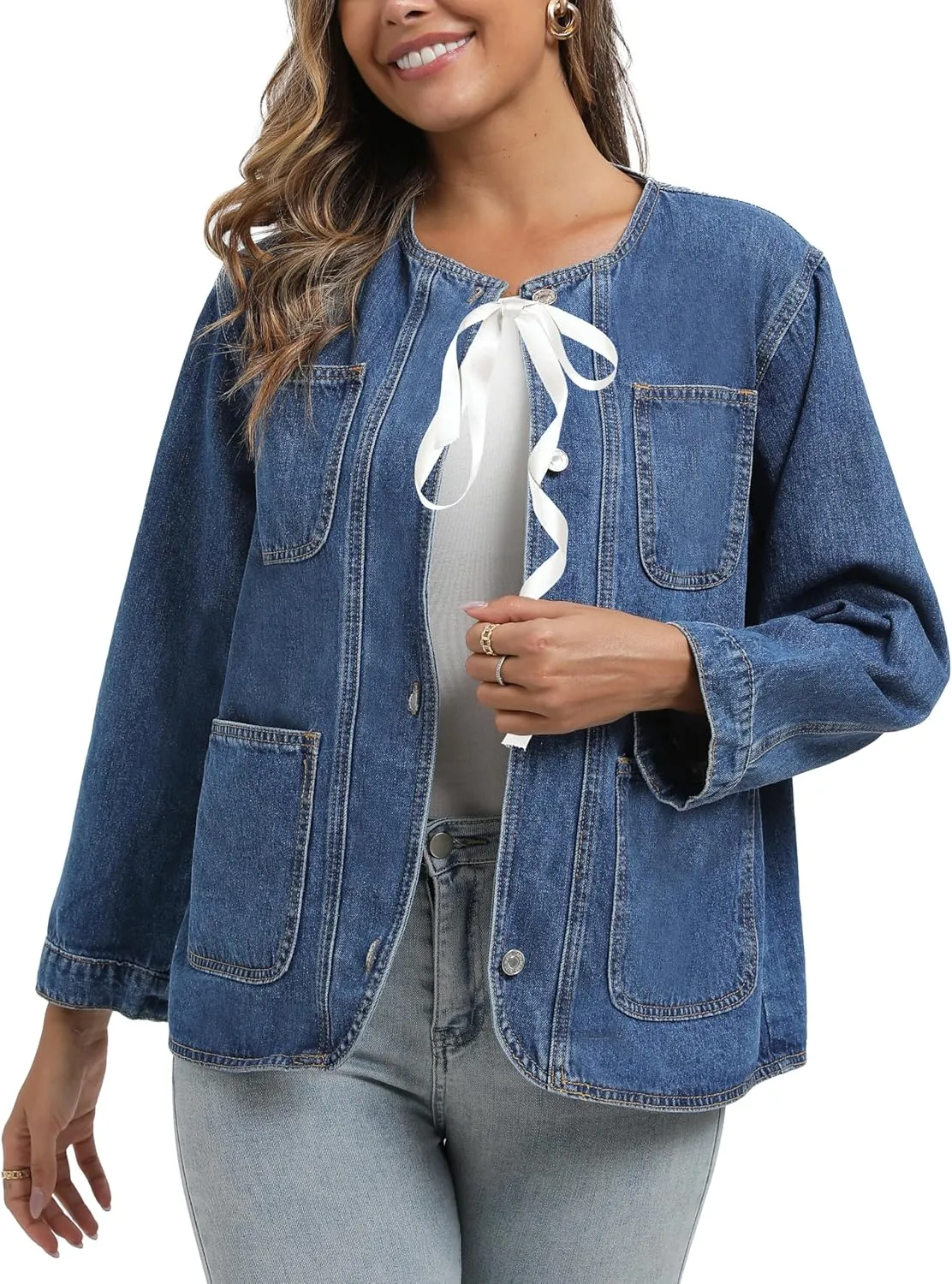 Ladyful Womens Collarless Denim Jacket Trendy Long Sleeve Jean Jacket Casual Button Down Denim Shacket