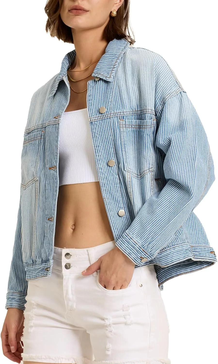 Ladyful Women's Jean Jacket Oversized Button Down Long Sleeve Distressed Denim Jacket Vintage Trucker Coat with Pockets