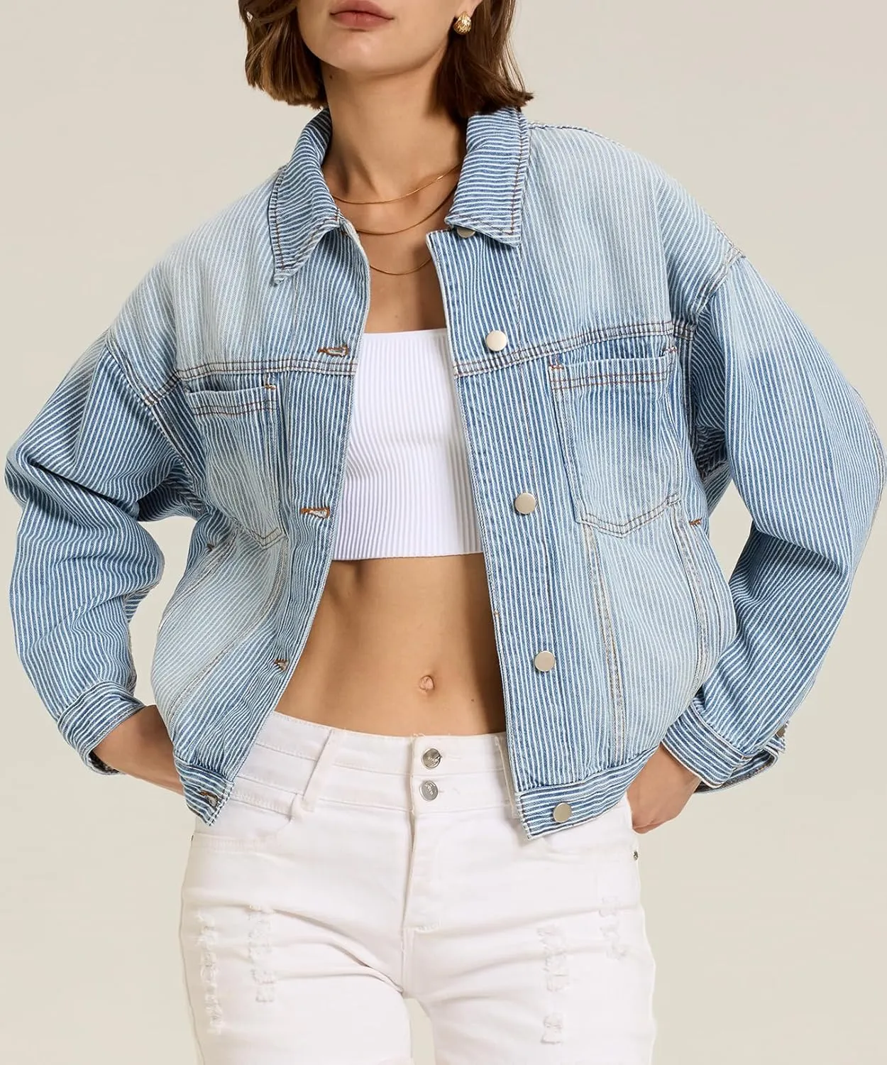 Ladyful Women's Jean Jacket Oversized Button Down Long Sleeve Distressed Denim Jacket Vintage Trucker Coat with Pockets