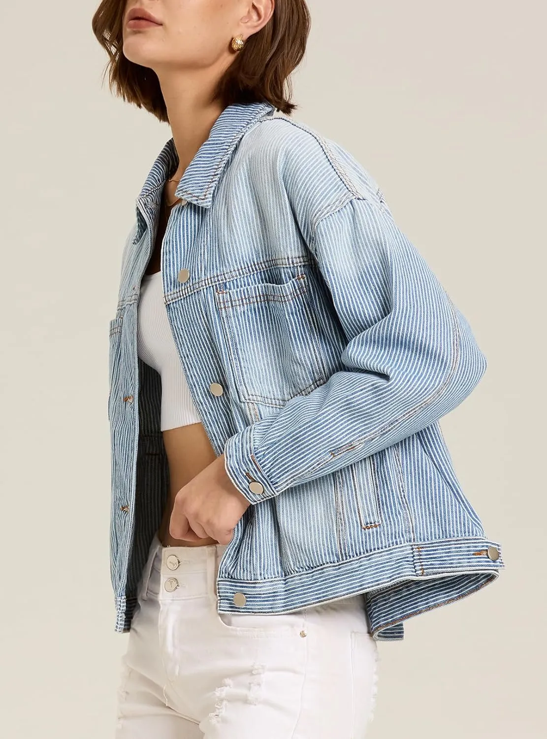 Ladyful Women's Jean Jacket Oversized Button Down Long Sleeve Distressed Denim Jacket Vintage Trucker Coat with Pockets
