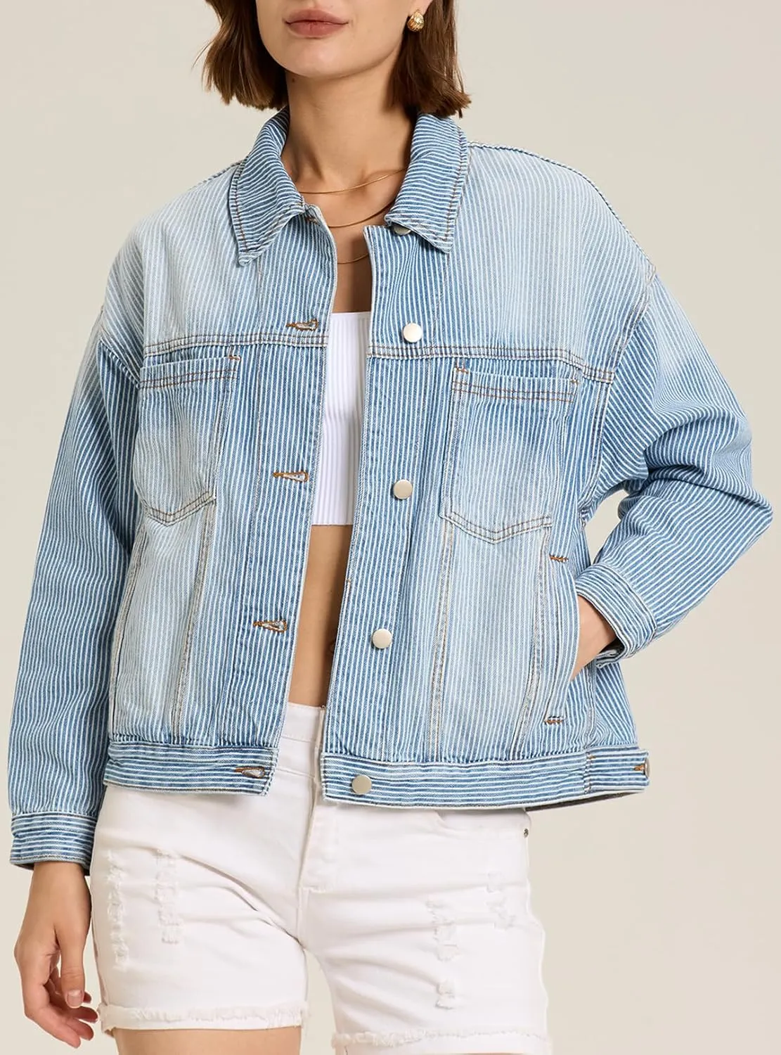 Ladyful Women's Jean Jacket Oversized Button Down Long Sleeve Distressed Denim Jacket Vintage Trucker Coat with Pockets