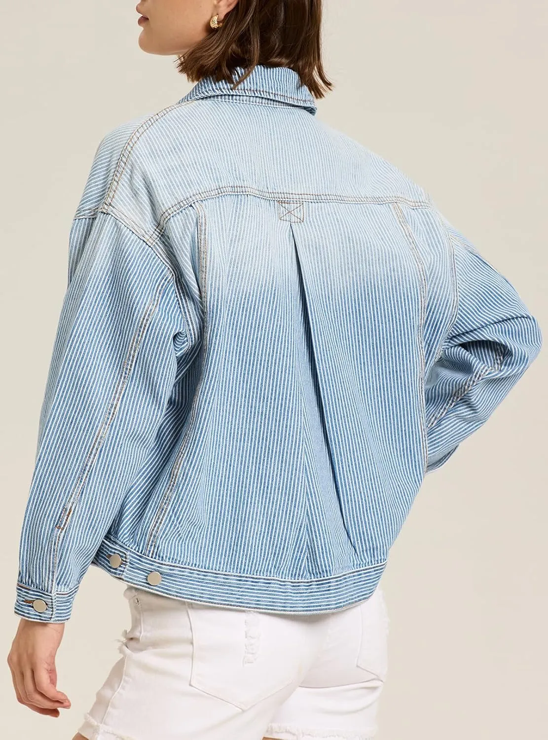 Ladyful Women's Jean Jacket Oversized Button Down Long Sleeve Distressed Denim Jacket Vintage Trucker Coat with Pockets