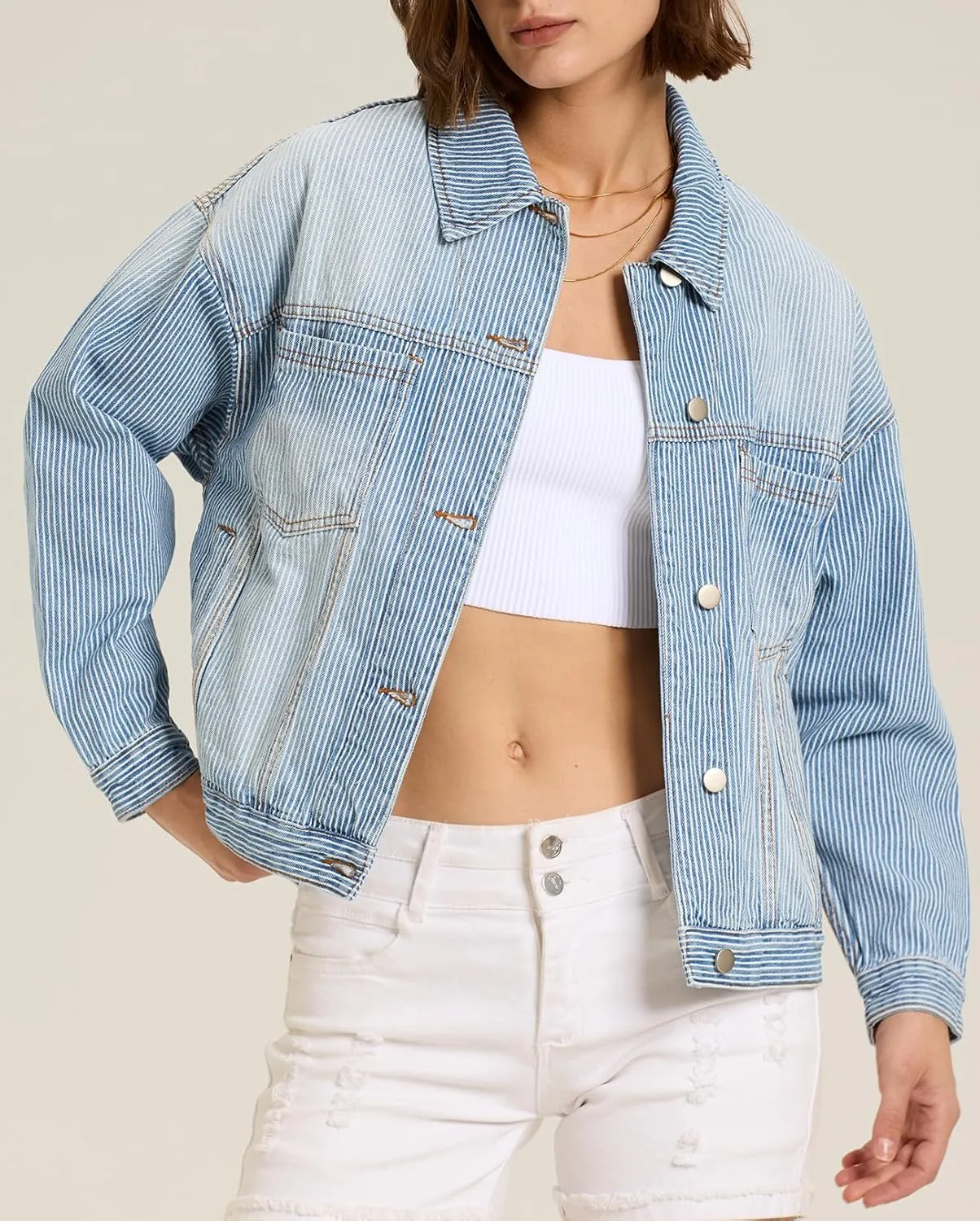 Ladyful Women's Jean Jacket Oversized Button Down Long Sleeve Distressed Denim Jacket Vintage Trucker Coat with Pockets