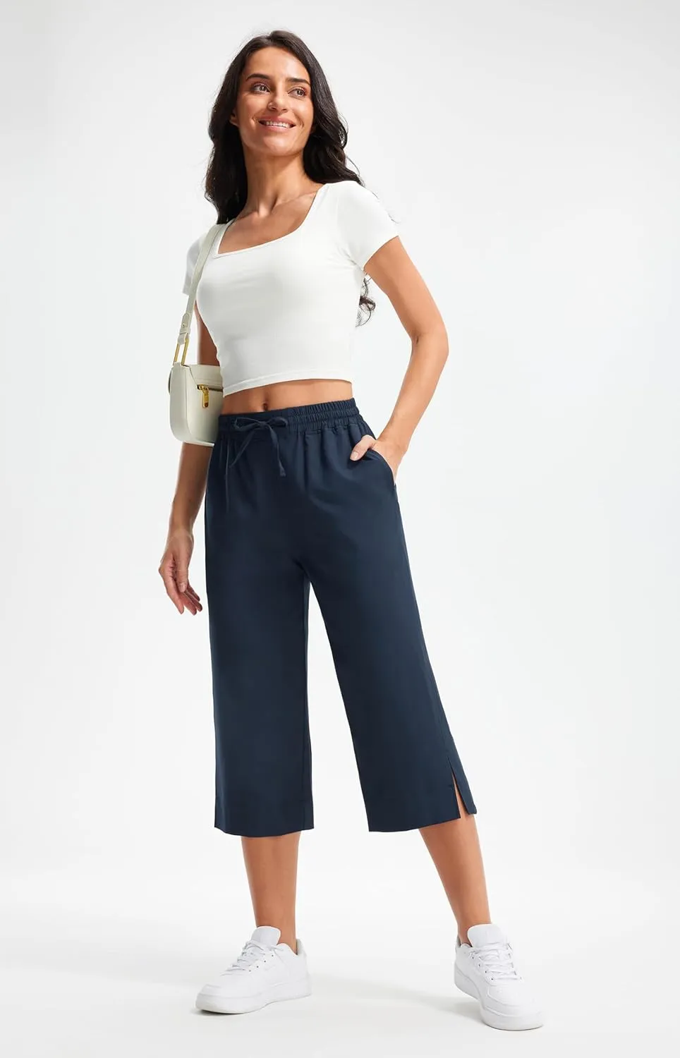 Libin Lightweight Wide Leg Capri Pants for Women High Waisted Quick Dry Casual Travel Pants Loose with Pockets Walking