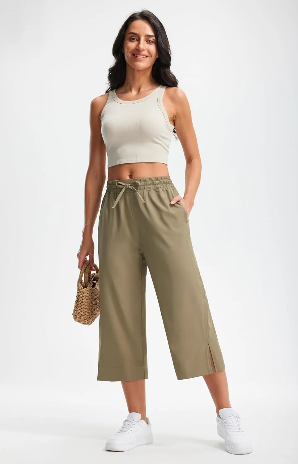Libin Lightweight Wide Leg Capri Pants for Women High Waisted Quick Dry Casual Travel Pants Loose with Pockets Walking
