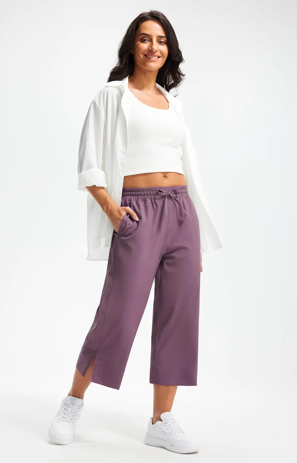 Libin Lightweight Wide Leg Capri Pants for Women High Waisted Quick Dry Casual Travel Pants Loose with Pockets Walking