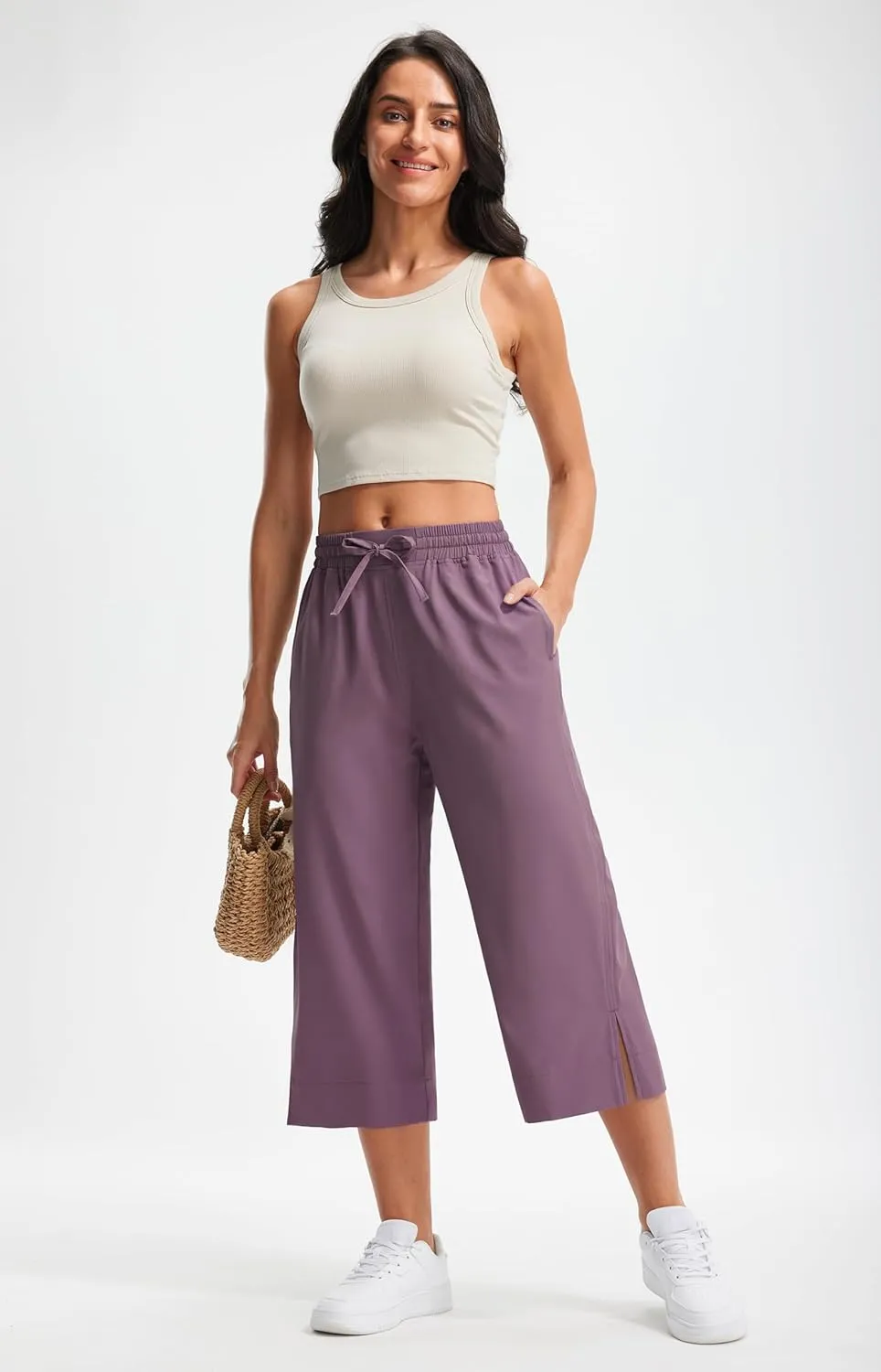 Libin Lightweight Wide Leg Capri Pants for Women High Waisted Quick Dry Casual Travel Pants Loose with Pockets Walking