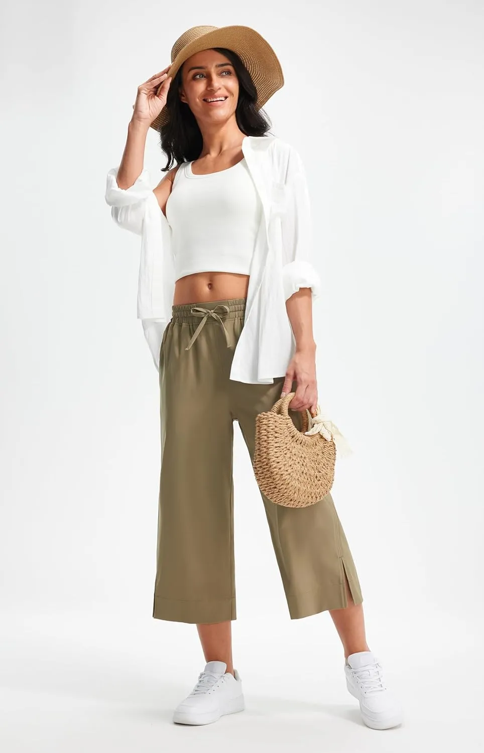 Libin Lightweight Wide Leg Capri Pants for Women High Waisted Quick Dry Casual Travel Pants Loose with Pockets Walking