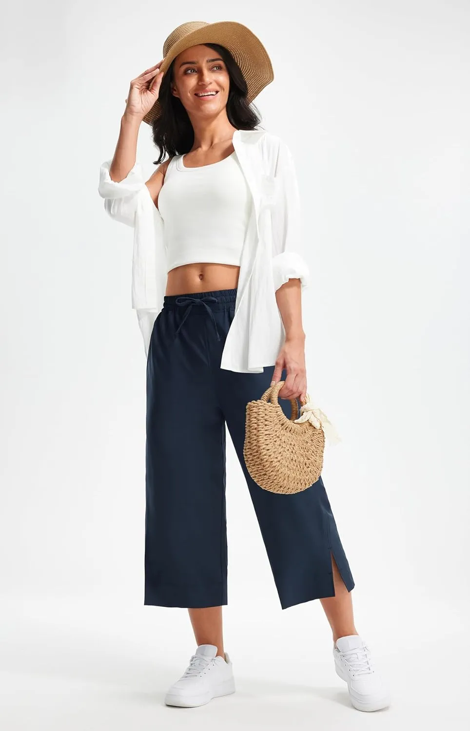 Libin Lightweight Wide Leg Capri Pants for Women High Waisted Quick Dry Casual Travel Pants Loose with Pockets Walking