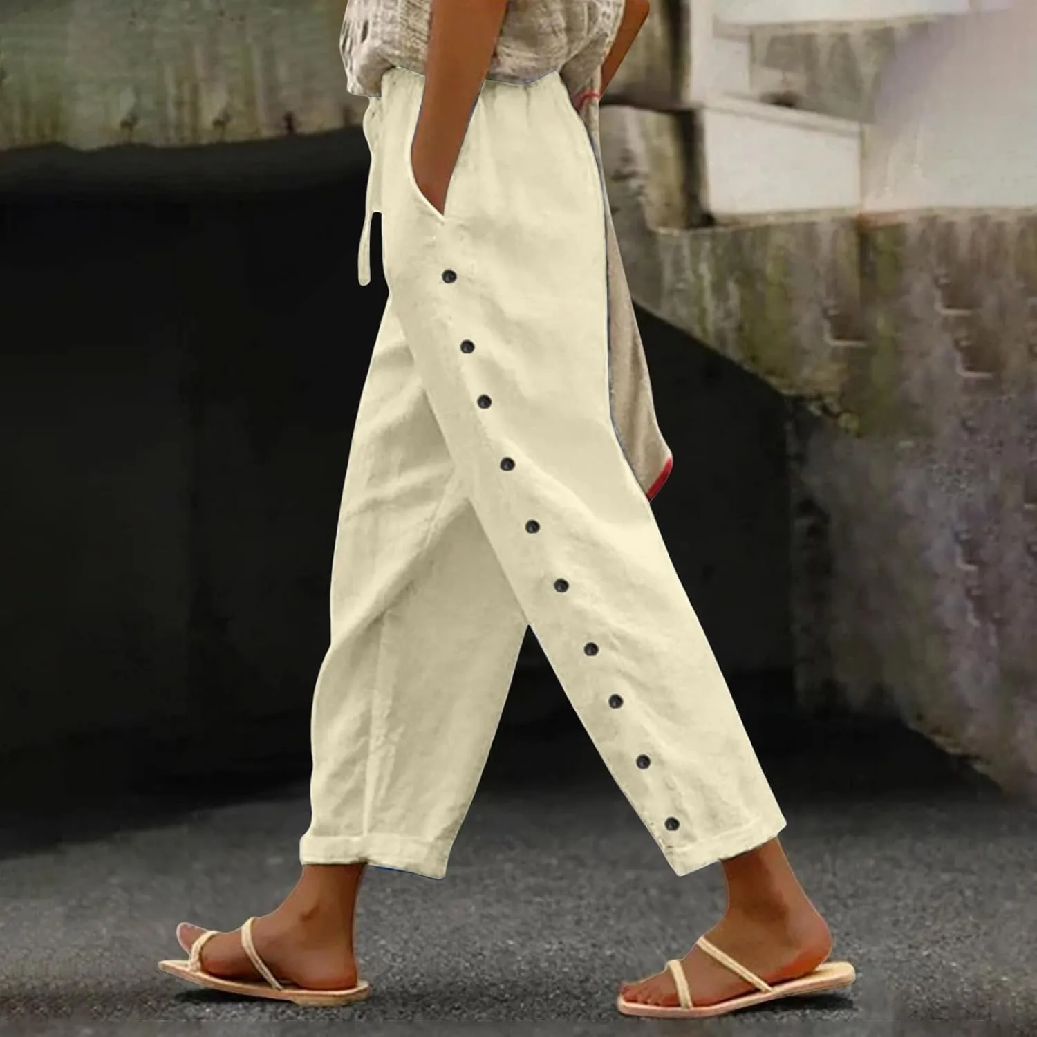 Linen Pants Women Petite Elastic Waisted Trousers Lightweight Summer Pants Dressy Palazzo Pant Beach Vacation Outfit