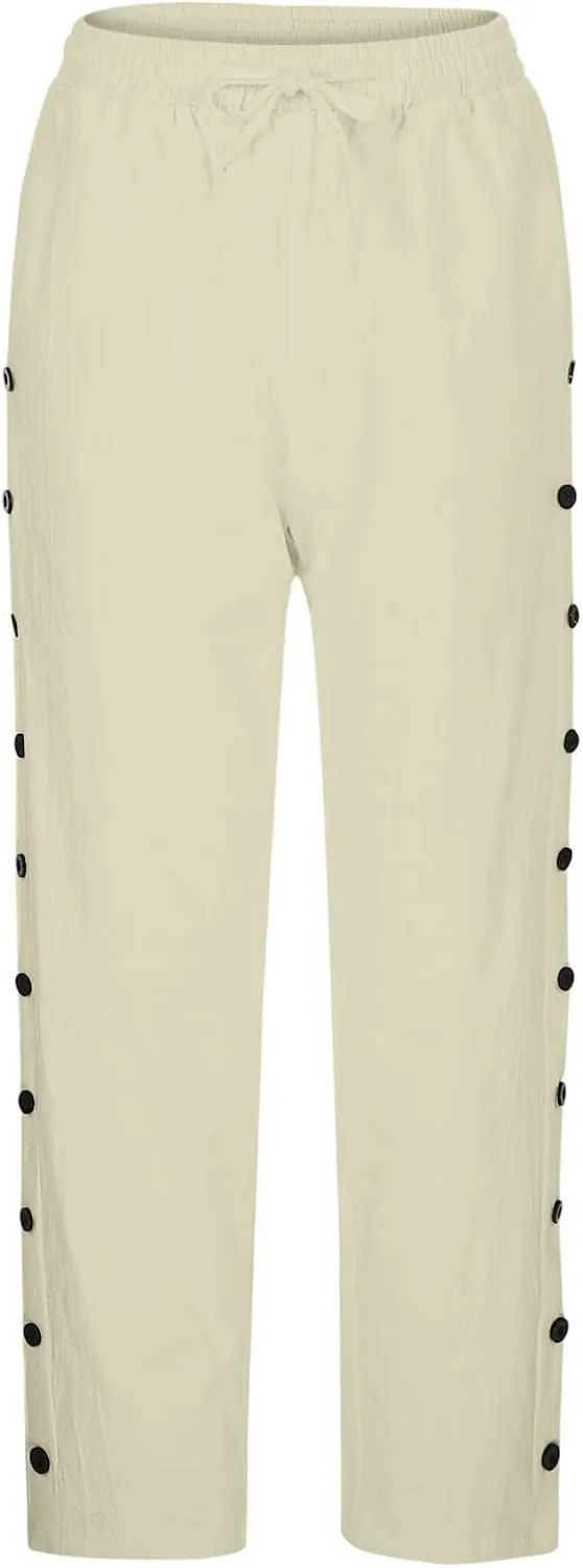 Linen Pants Women Petite Elastic Waisted Trousers Lightweight Summer Pants Dressy Palazzo Pant Beach Vacation Outfit