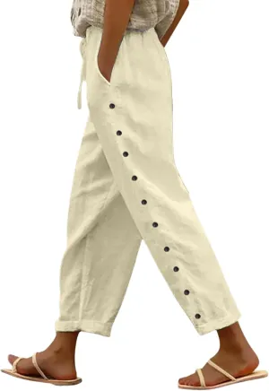 Linen Pants Women Petite Elastic Waisted Trousers Lightweight Summer Pants Dressy Palazzo Pant Beach Vacation Outfit