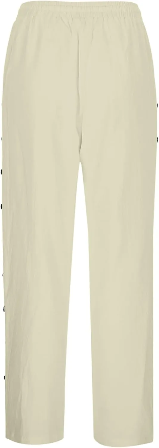 Linen Pants Women Petite Elastic Waisted Trousers Lightweight Summer Pants Dressy Palazzo Pant Beach Vacation Outfit