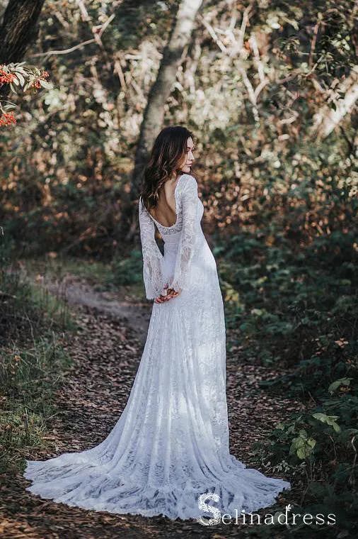 Long Sleeve Beach Wedding Dresses Chapel Train Romantic Lace Bridal Gown SEW038