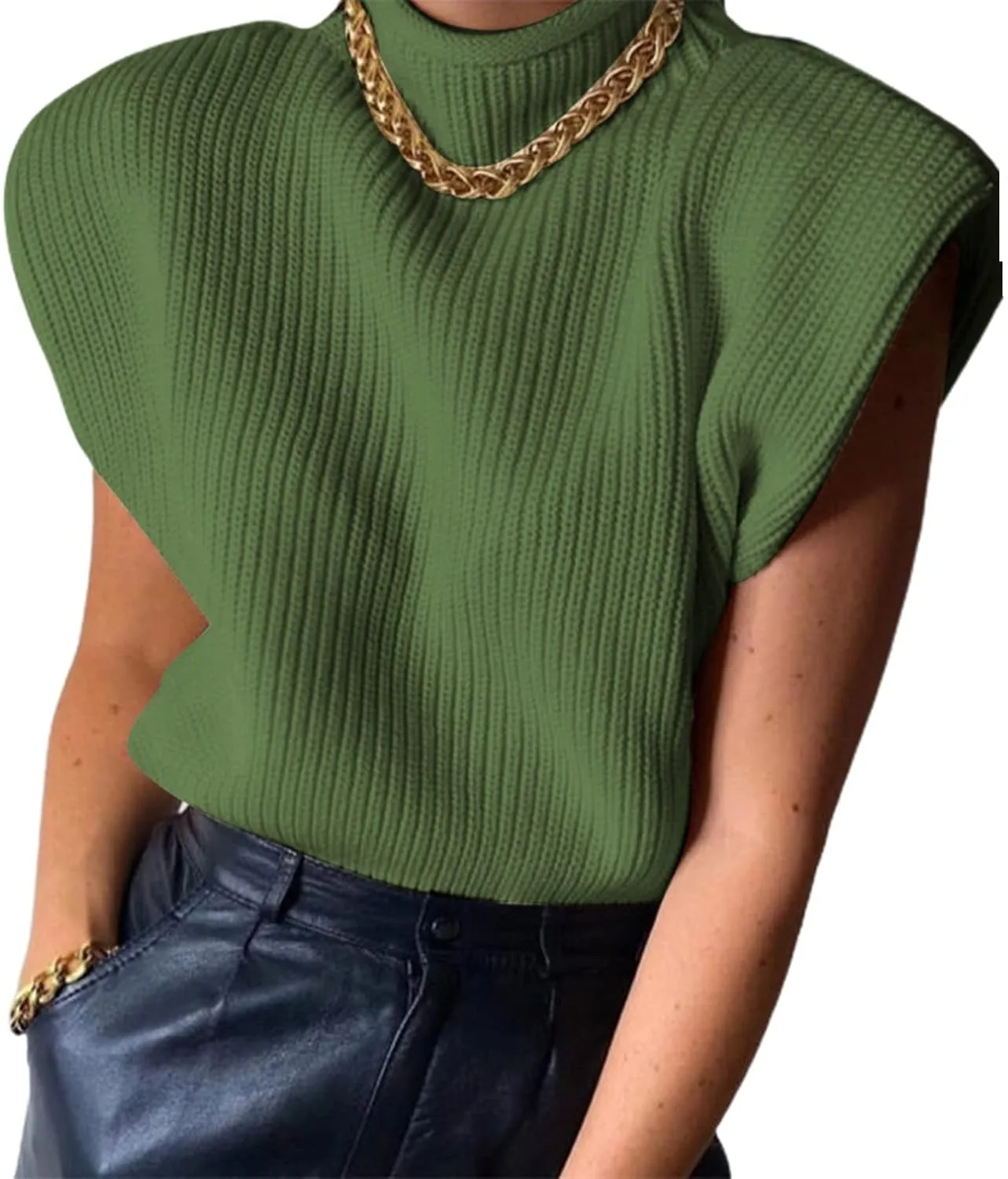 Luckinbaby Casual Womens Knit Sweater Vest Turtleneck Sleeveless Knitted Tank Tops Shoulder Pads Fall Winter Knitwear Shirts