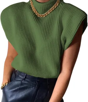 Luckinbaby Casual Womens Knit Sweater Vest Turtleneck Sleeveless Knitted Tank Tops Shoulder Pads Fall Winter Knitwear Shirts