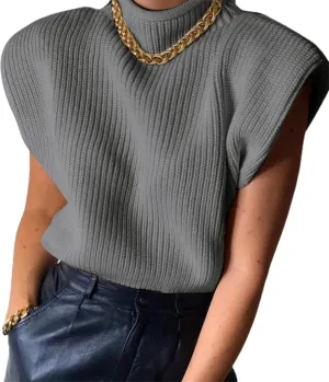 Luckinbaby Casual Womens Knit Sweater Vest Turtleneck Sleeveless Knitted Tank Tops Shoulder Pads Fall Winter Knitwear Shirts