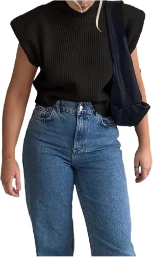 Luckinbaby Casual Womens Knit Sweater Vest Turtleneck Sleeveless Knitted Tank Tops Shoulder Pads Fall Winter Knitwear Shirts