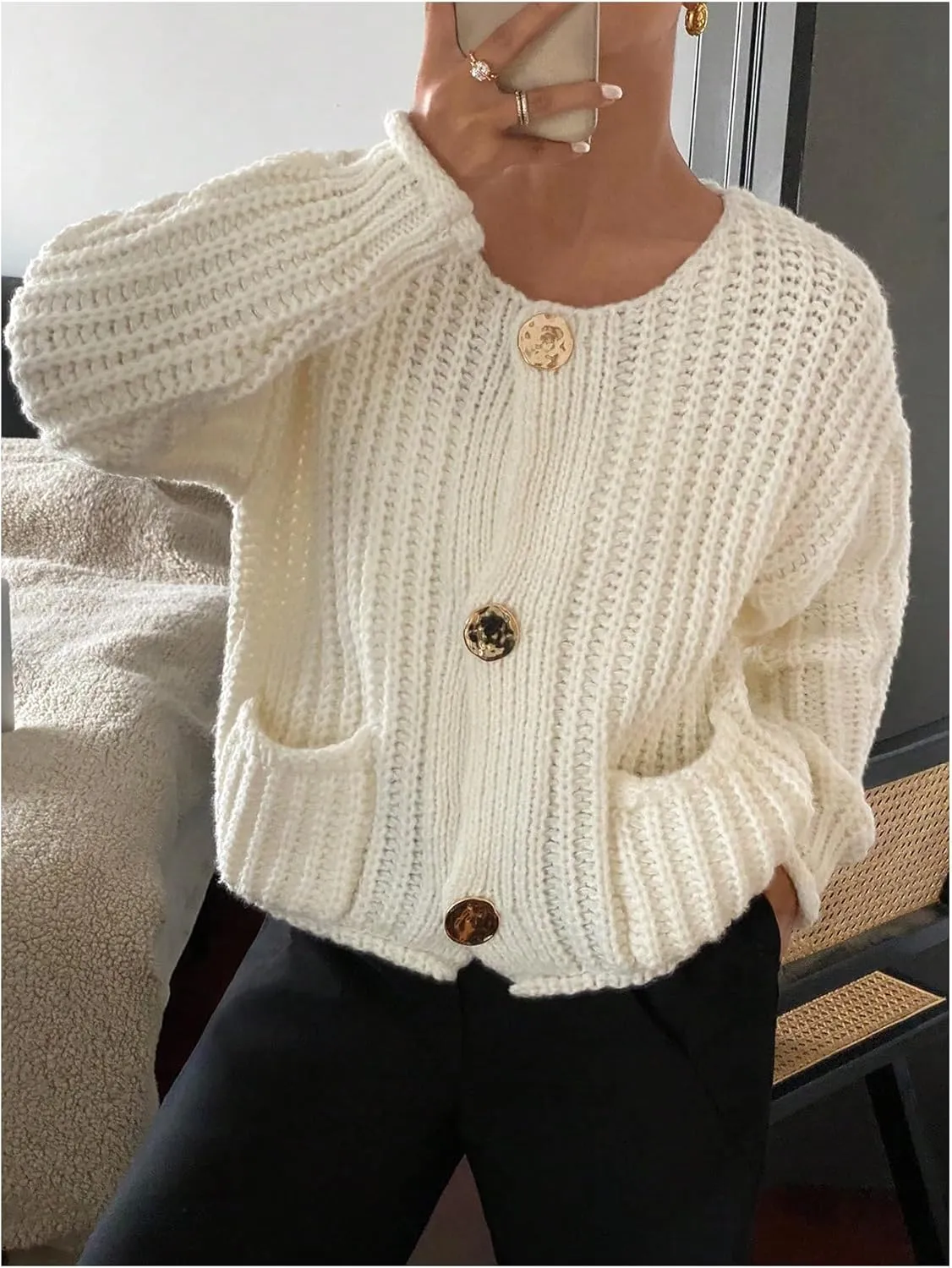 MakeMeChic Women's Button Down Cardigan Sweater Long Sleeve Knitwear with Pockets
