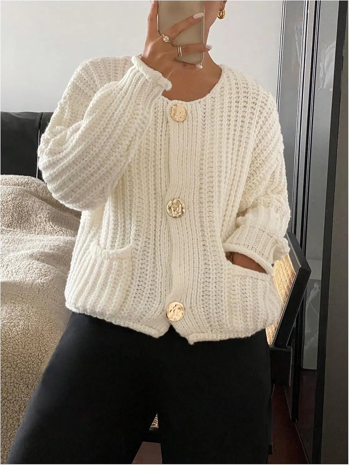 MakeMeChic Women's Button Down Cardigan Sweater Long Sleeve Knitwear with Pockets