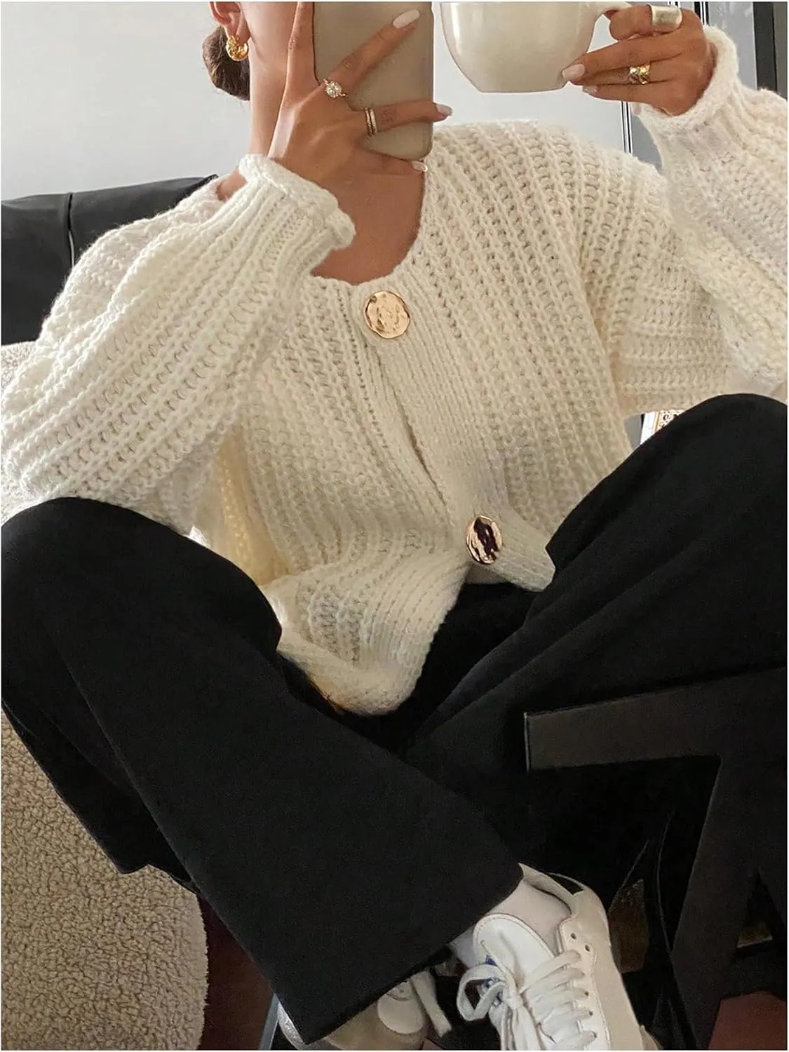 MakeMeChic Women's Button Down Cardigan Sweater Long Sleeve Knitwear with Pockets