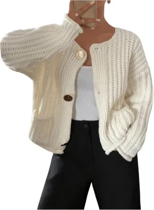 MakeMeChic Women's Button Down Cardigan Sweater Long Sleeve Knitwear with Pockets