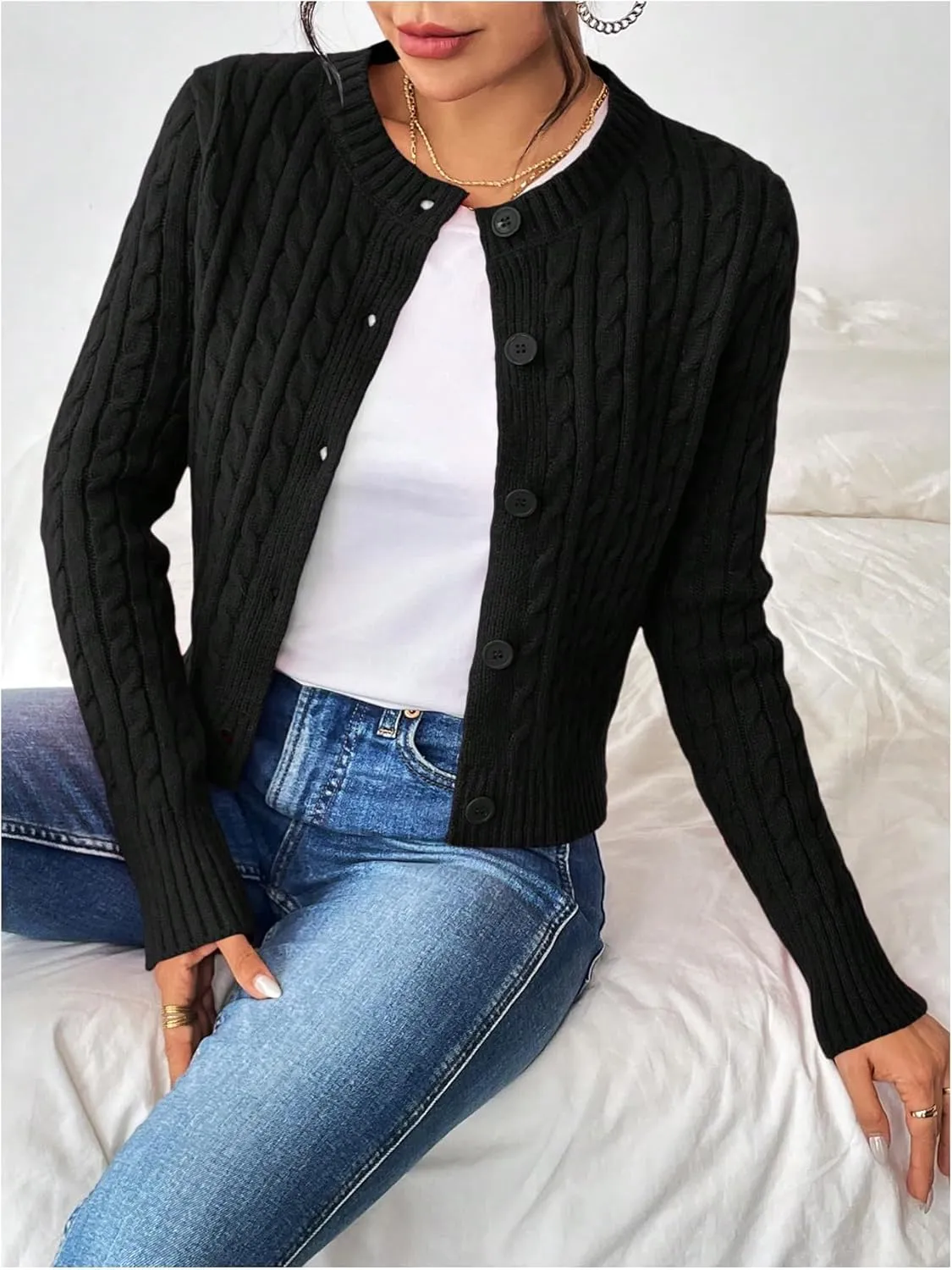 MakeMeChic Women's Casual Cable Knitted Round Neck Long Sleeve Button Front Cardigan Knitwear Tops