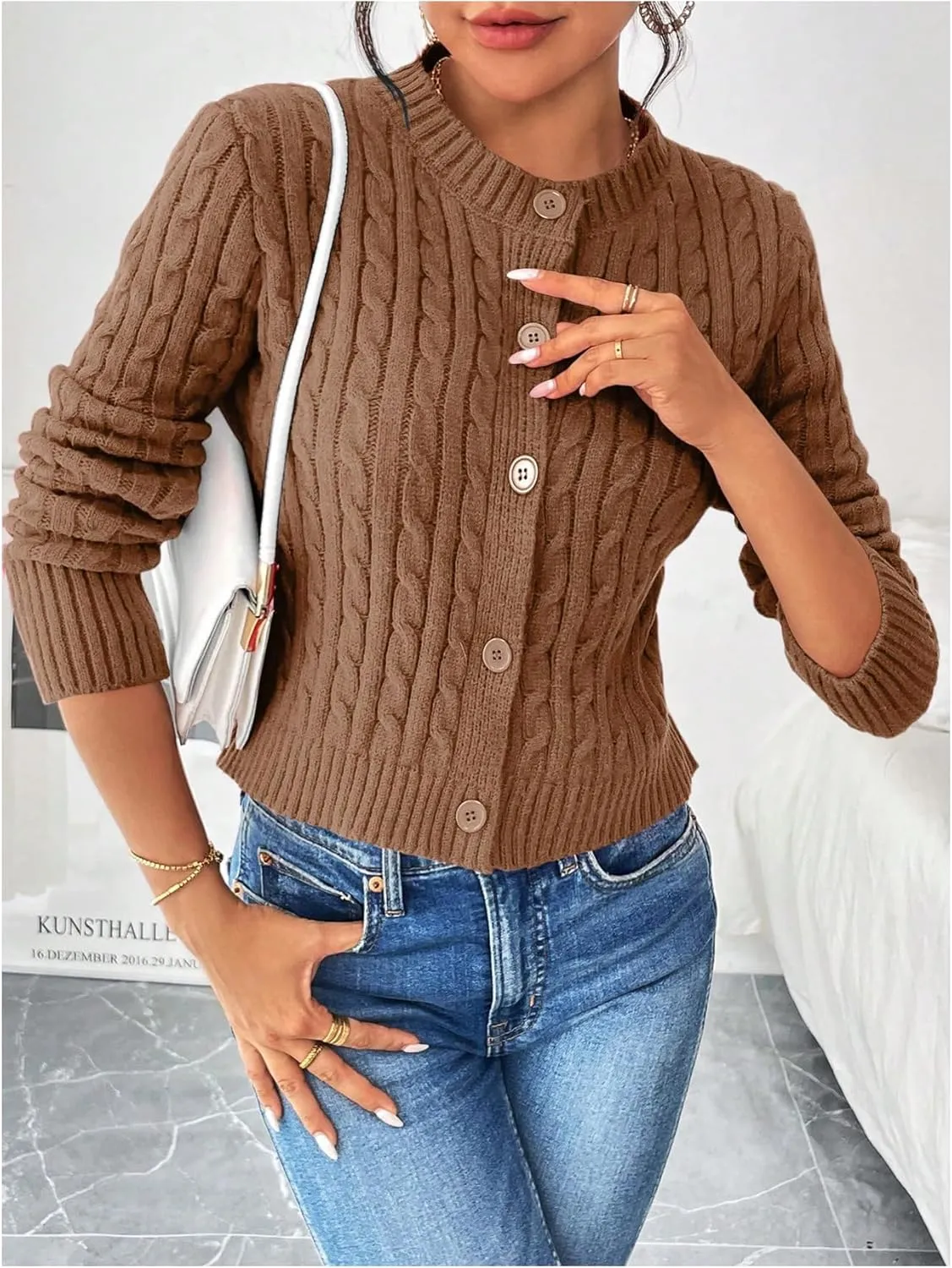 MakeMeChic Women's Casual Cable Knitted Round Neck Long Sleeve Button Front Cardigan Knitwear Tops