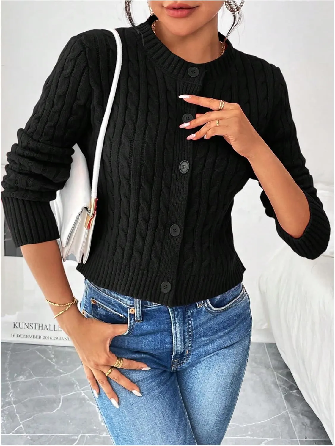 MakeMeChic Women's Casual Cable Knitted Round Neck Long Sleeve Button Front Cardigan Knitwear Tops