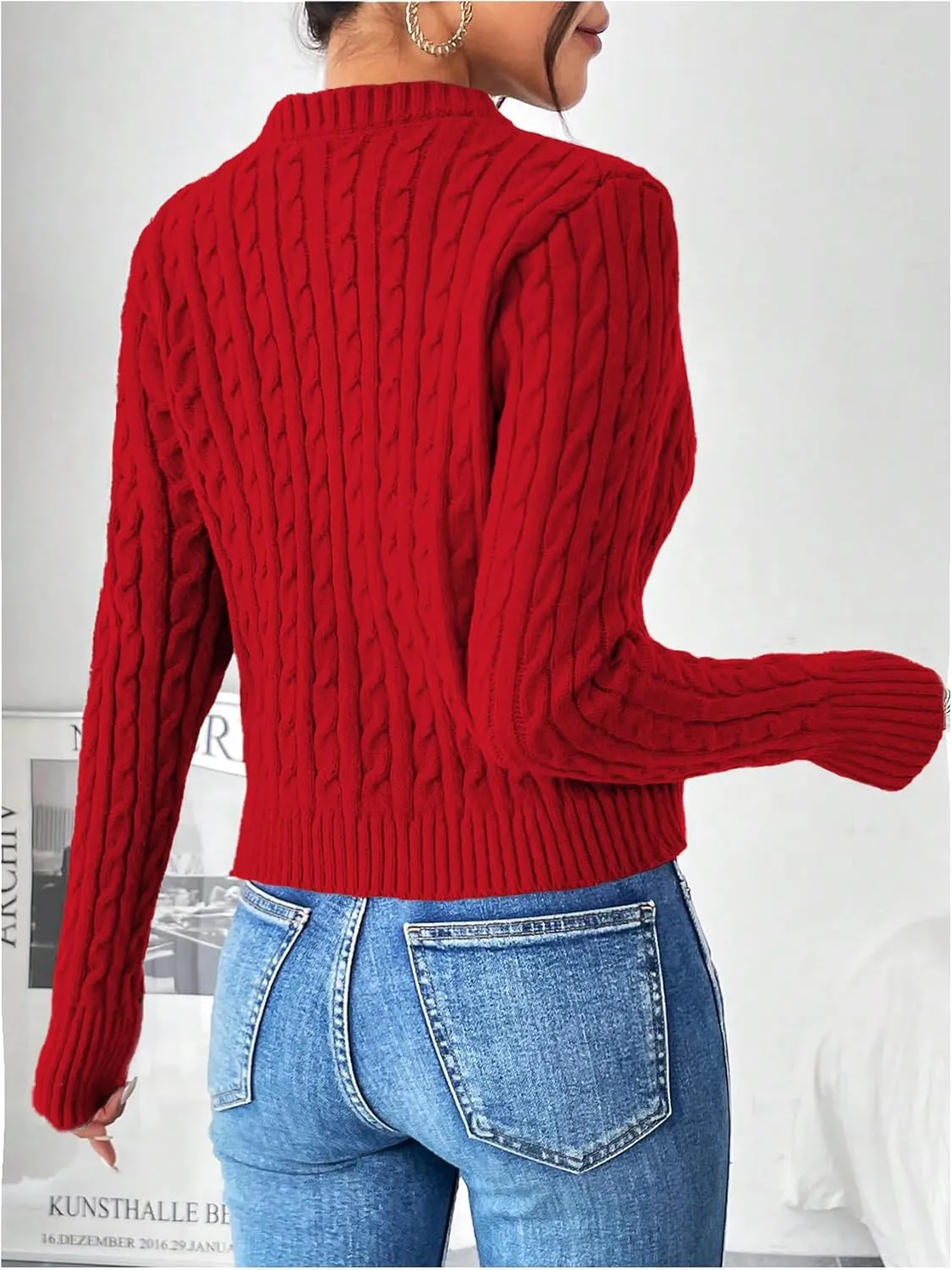 MakeMeChic Women's Casual Cable Knitted Round Neck Long Sleeve Button Front Cardigan Knitwear Tops