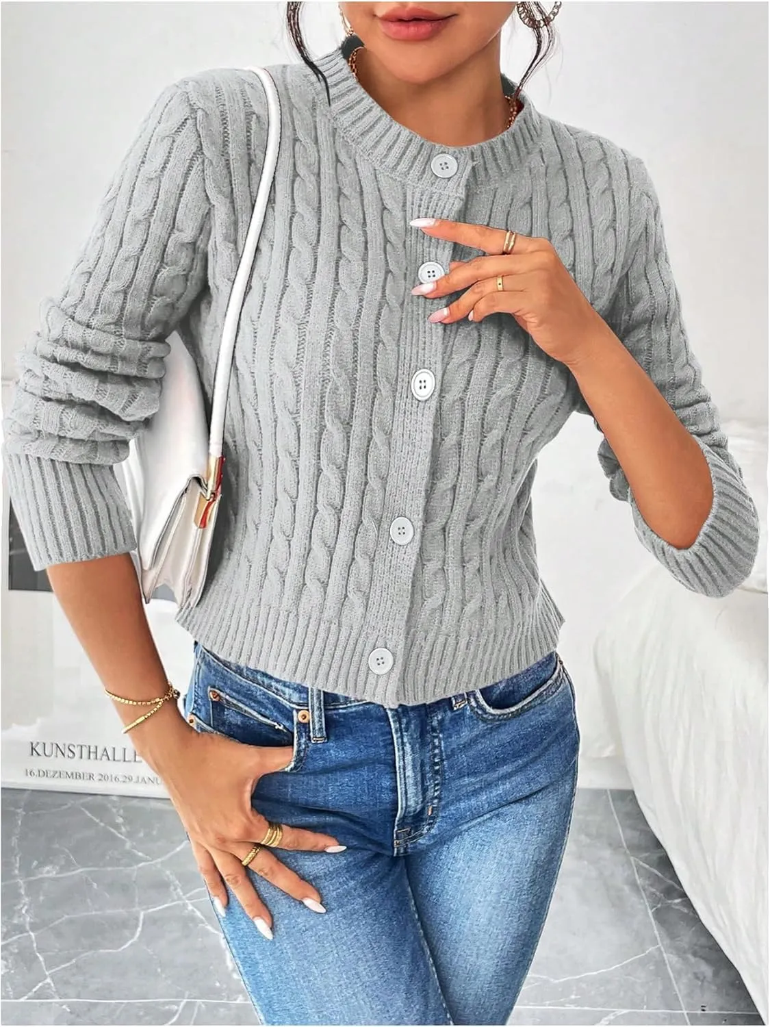 MakeMeChic Women's Casual Cable Knitted Round Neck Long Sleeve Button Front Cardigan Knitwear Tops