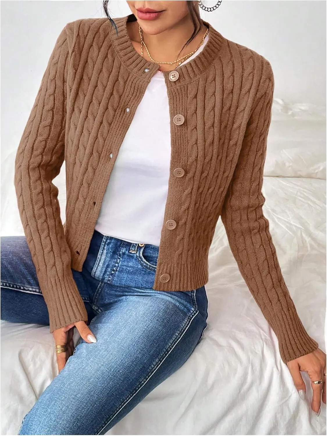 MakeMeChic Women's Casual Cable Knitted Round Neck Long Sleeve Button Front Cardigan Knitwear Tops