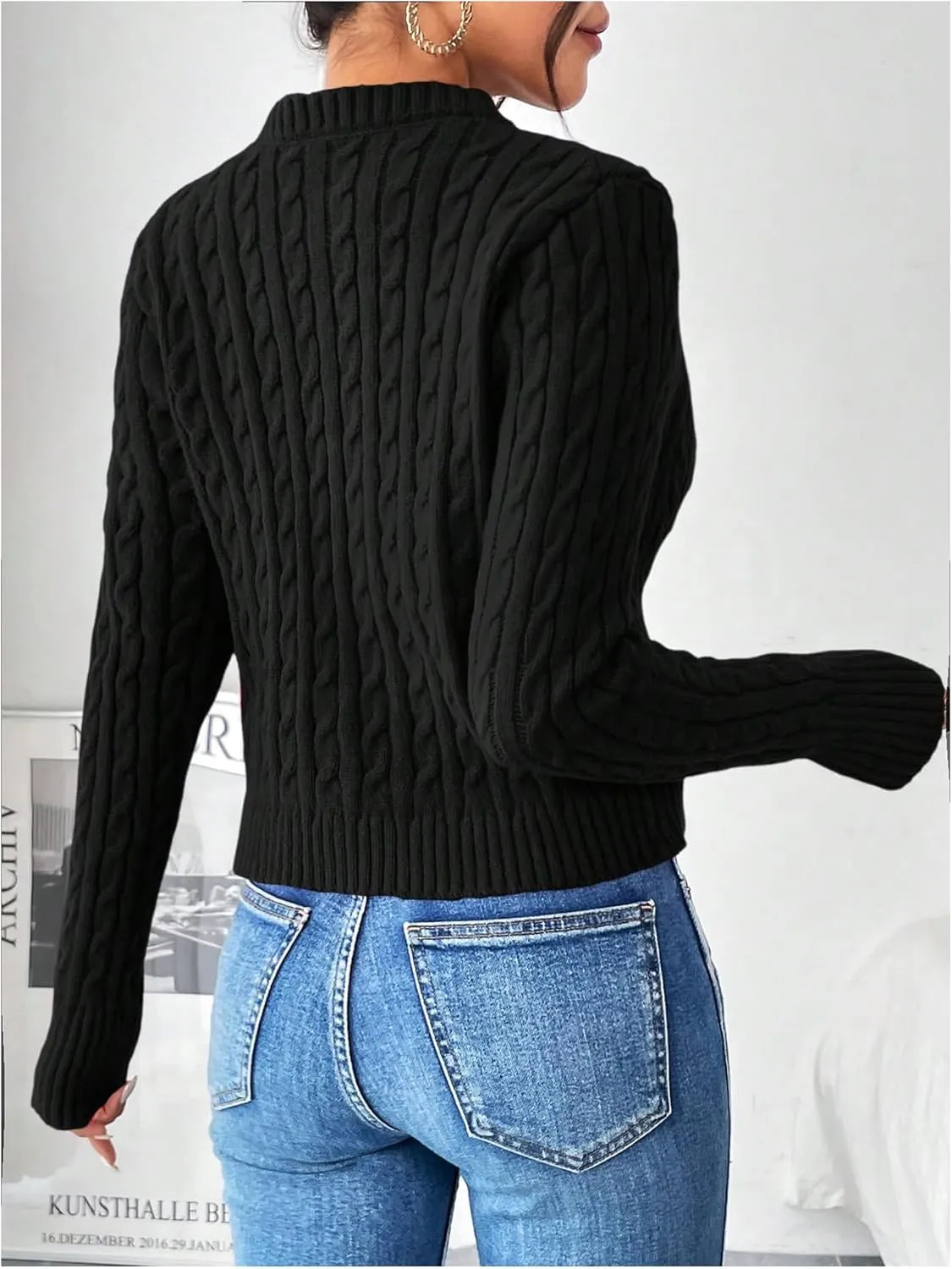 MakeMeChic Women's Casual Cable Knitted Round Neck Long Sleeve Button Front Cardigan Knitwear Tops