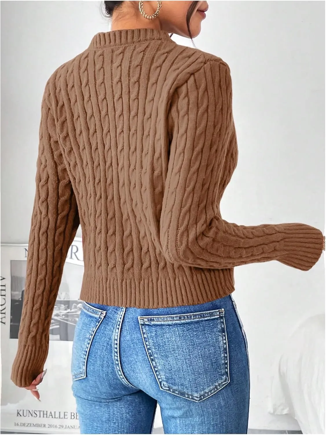 MakeMeChic Women's Casual Cable Knitted Round Neck Long Sleeve Button Front Cardigan Knitwear Tops