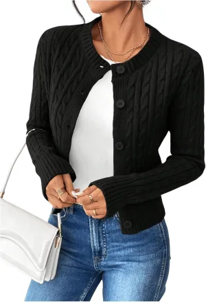 MakeMeChic Women's Casual Cable Knitted Round Neck Long Sleeve Button Front Cardigan Knitwear Tops