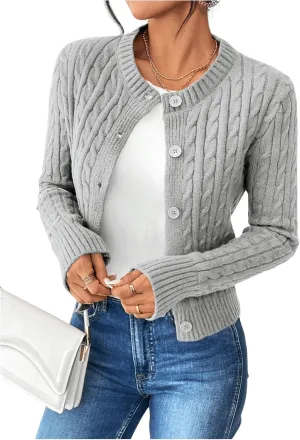 MakeMeChic Women's Casual Cable Knitted Round Neck Long Sleeve Button Front Cardigan Knitwear Tops