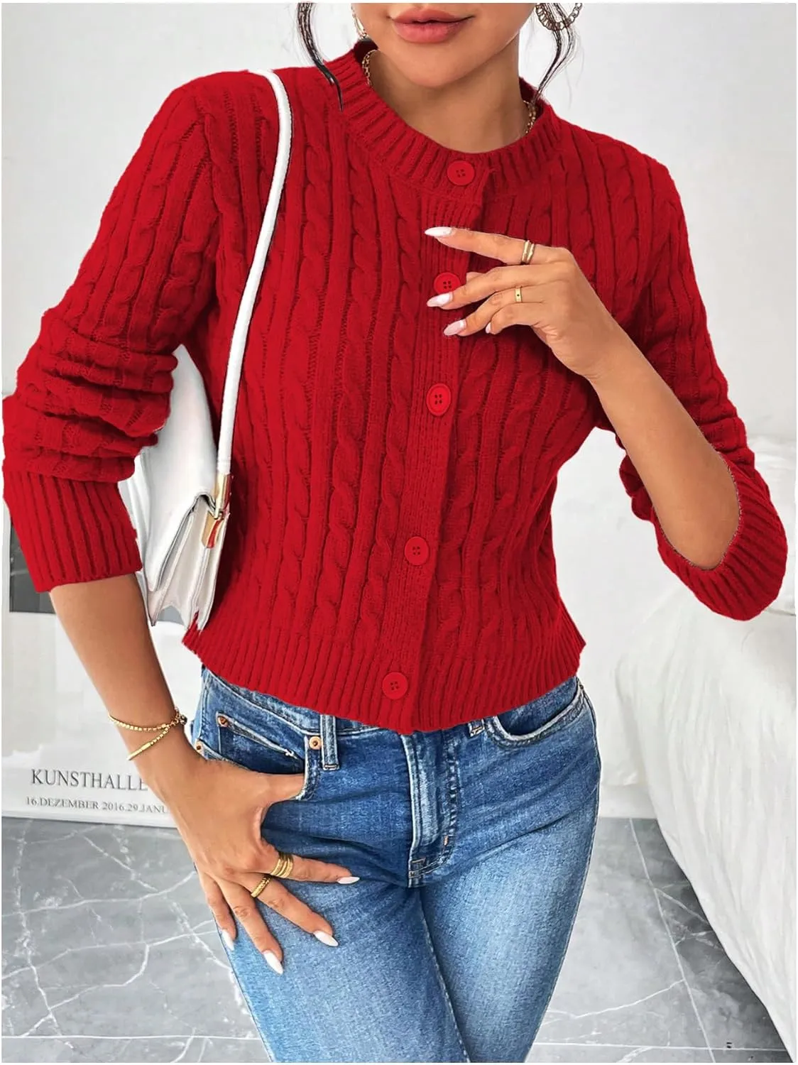 MakeMeChic Women's Casual Cable Knitted Round Neck Long Sleeve Button Front Cardigan Knitwear Tops