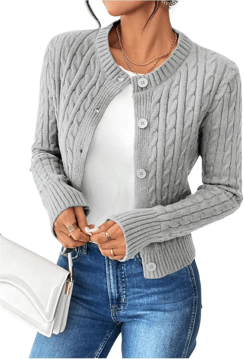 MakeMeChic Women's Casual Cable Knitted Round Neck Long Sleeve Button Front Cardigan Knitwear Tops