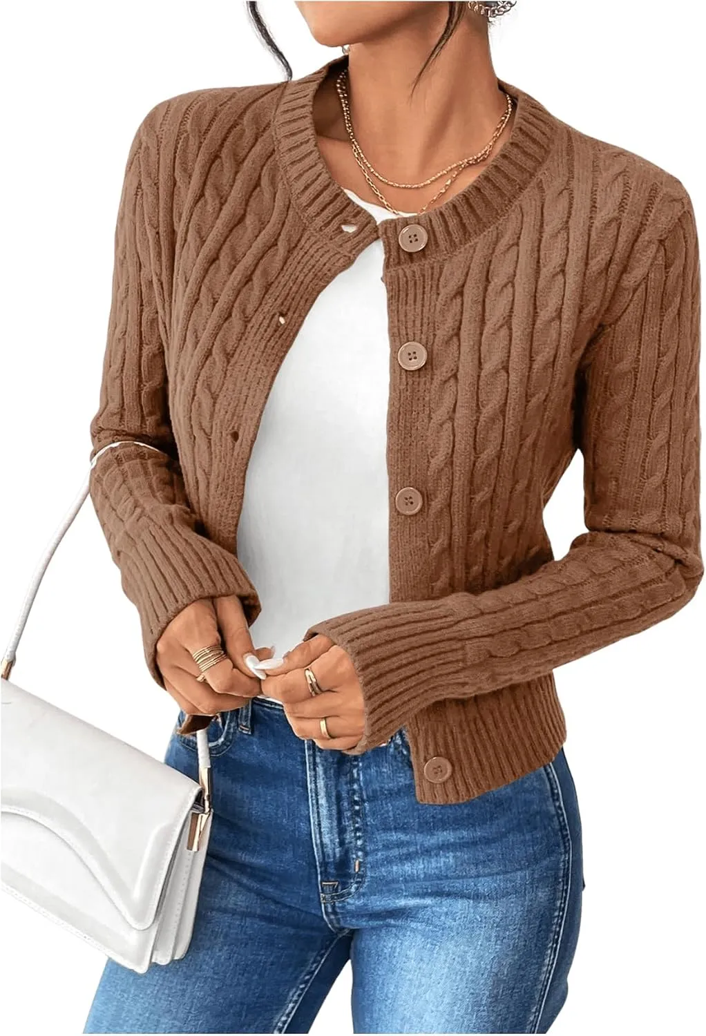 MakeMeChic Women's Casual Cable Knitted Round Neck Long Sleeve Button Front Cardigan Knitwear Tops