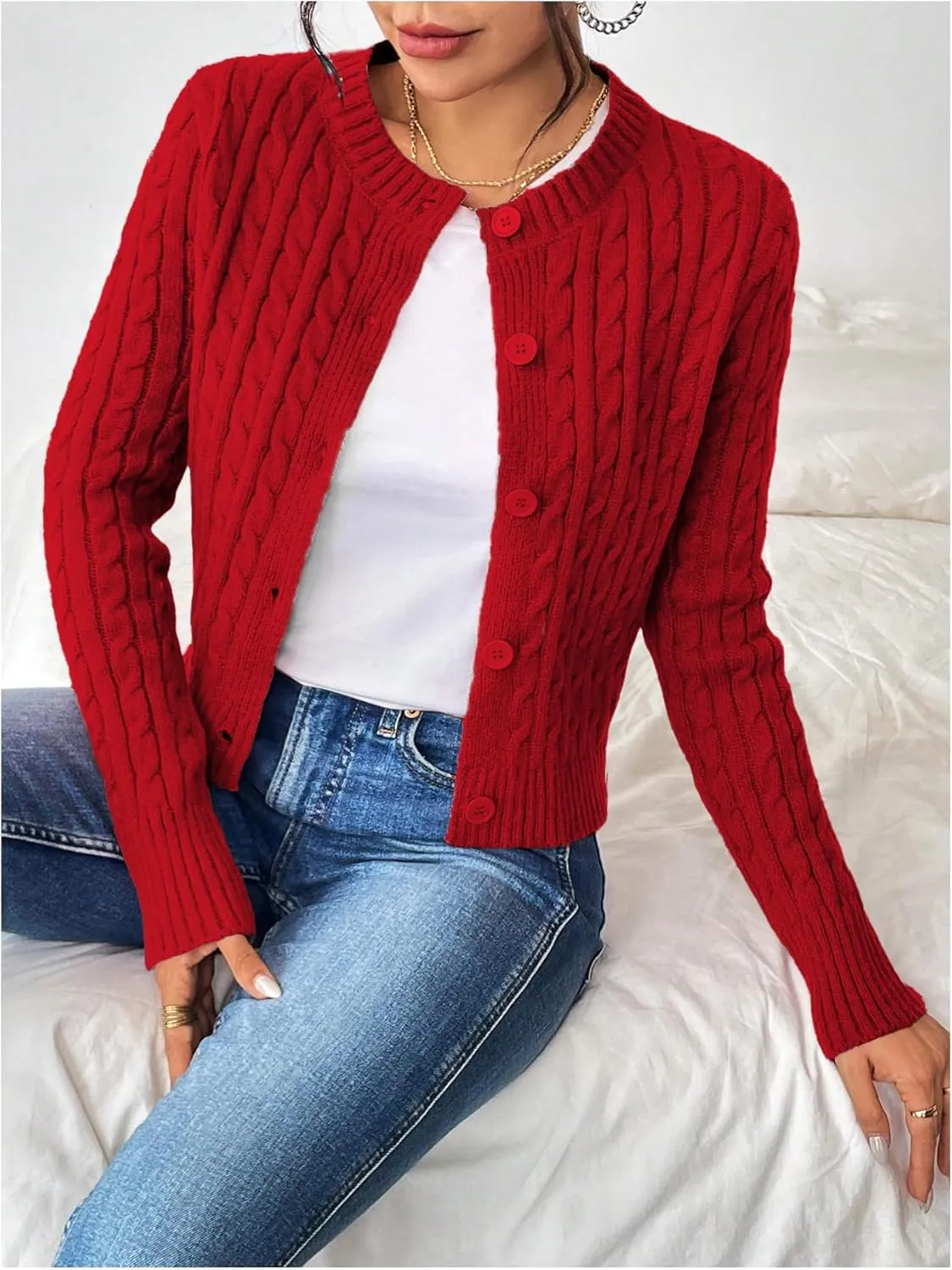 MakeMeChic Women's Casual Cable Knitted Round Neck Long Sleeve Button Front Cardigan Knitwear Tops