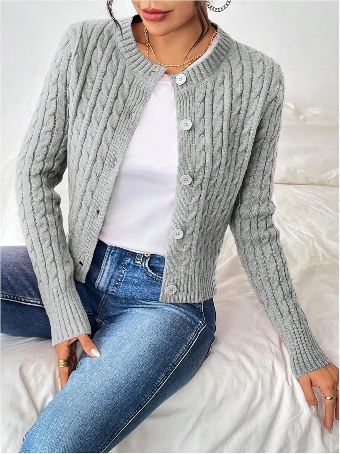 MakeMeChic Women's Casual Cable Knitted Round Neck Long Sleeve Button Front Cardigan Knitwear Tops