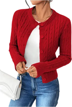 MakeMeChic Women's Casual Cable Knitted Round Neck Long Sleeve Button Front Cardigan Knitwear Tops