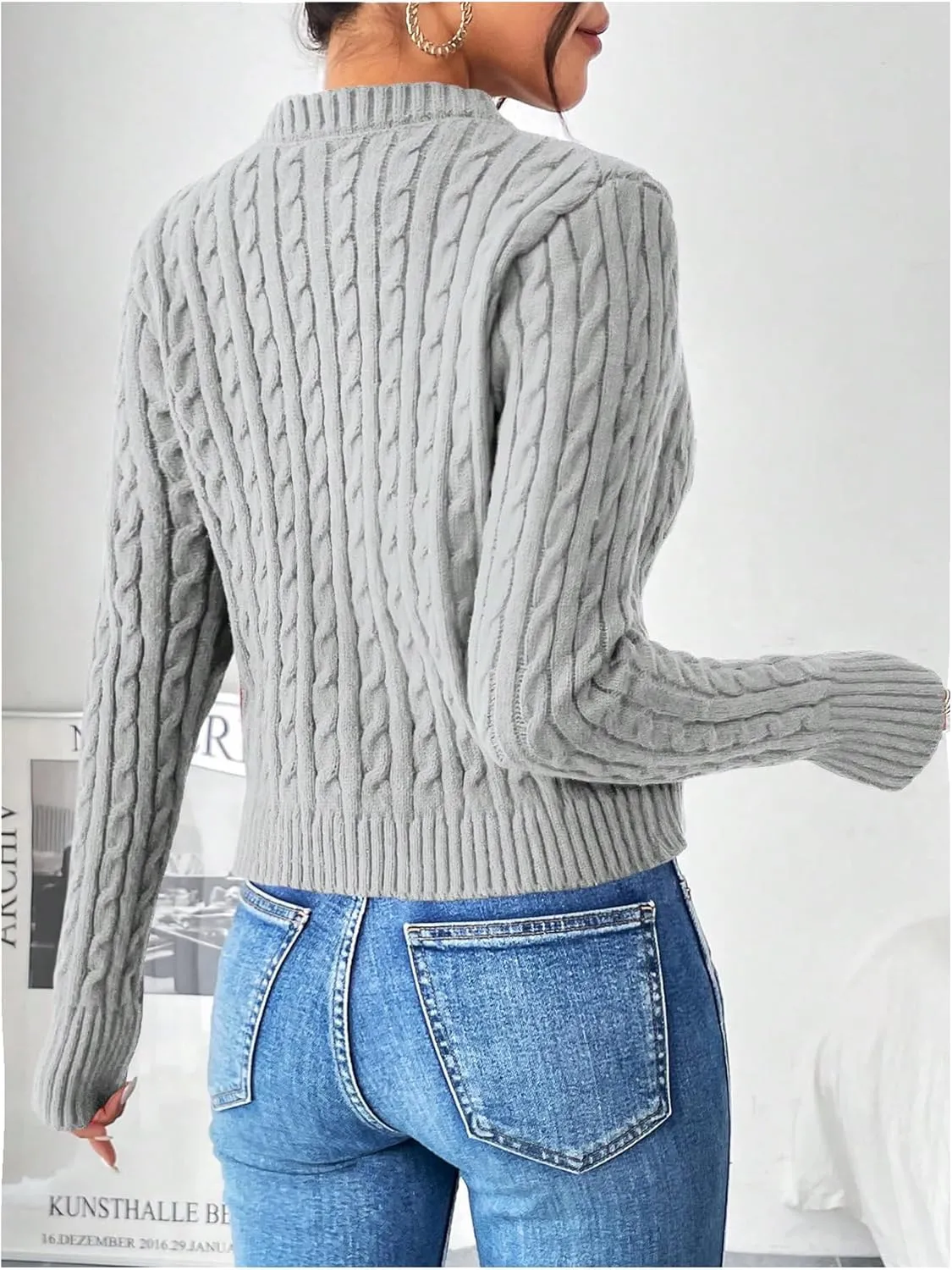 MakeMeChic Women's Casual Cable Knitted Round Neck Long Sleeve Button Front Cardigan Knitwear Tops